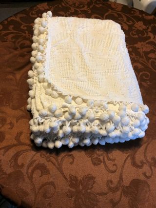 Vintage White Twin Chenille Bedspread W/ Pom Poms 77 " X 100 "