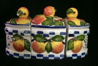 Vintage Ceramic Kitchen Canister 3 In 1 Fruits Embossed Painted Orchard Apple