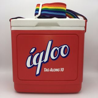 Vintage Igloo Tag Along 10 Cooler Red Rainbow Strap Small Cup Holder Lid