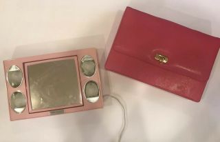 Vtg Go Lightly Petite Pink Make - Up Mirror Lighted Dual Sided With Case