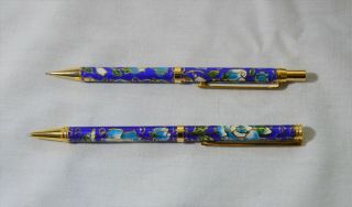Vintage Cloisonne Ballpoint Pen And Mechanical Pencil Set,  Blue And White Rose