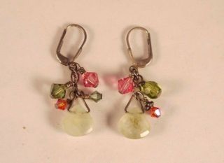 Vintage Sterling Silver 925 Dangling Pink Green Glass Crystal Pierced Earrings