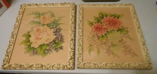 2 Vintage Cream White With Gold Wood Framed Cottage Flower Floral Pictures