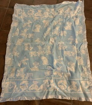 Vintage Baby Blanket Satin Trim Blue White Animals 35x44
