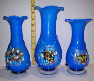 Blue Cased End Of Day Vases Vintage Hand Blown Trio Applied Floral Decoration
