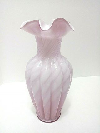 Vtg Fenton Art Glass Candleglow Purple Overlay Spiral Optic 11 " Pink Fluted Vase