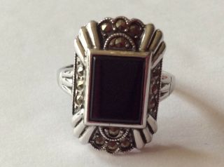 Sterling 925 Silver Marcasite Black Onyx Ring Size 8 Estate Jewelry Vtg