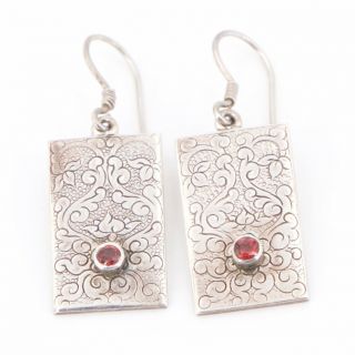 Vtg Sterling Silver - Etched Filigree Flower Floral Garnet Dangle Earrings - 8g