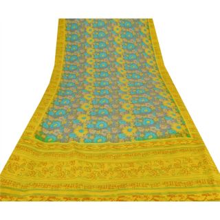 Sanskriti Vintage Lemon Saree 100 Pure Crepe Silk Fabric Printed Sari Craft 3