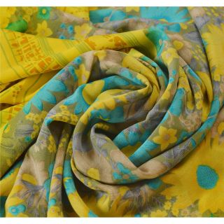 Sanskriti Vintage Lemon Saree 100 Pure Crepe Silk Fabric Printed Sari Craft 4