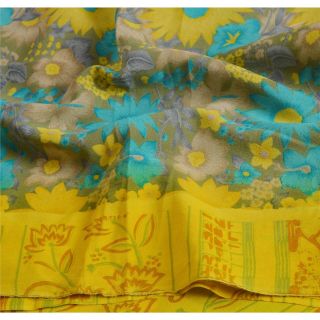 Sanskriti Vintage Lemon Saree 100 Pure Crepe Silk Fabric Printed Sari Craft 5