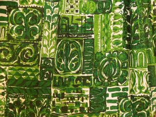 Vintage 60s Green Retro Print Curtains Drapes Pinch Pleated One Pair 60 " Long