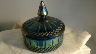 Vintage Indiana Glass Blue Carnival Princess Lidded Candy Dish Bowl Covered