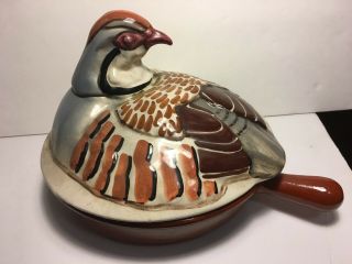 Vintage Figural Quail Lidded Red Clay Bakeware Dish With Handle 7 Mystery Maker
