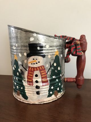 Vintage Flour Sifter With Painted Christmas Snowman