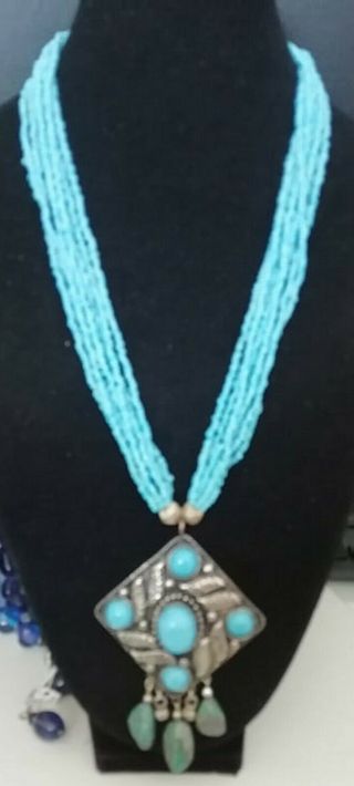 Vintage Glass And Turquoise Eight Strand Pendant Necklace