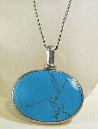 Large Oval Vintage Mexican Sterling Silver Pendant Necklace,  Turquoise Inlay
