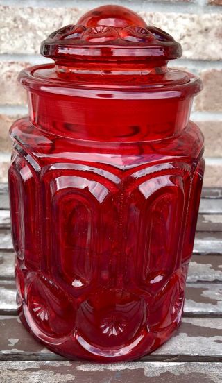 9.  5” Vintage Le Smith Red Amberina Glass Moon & Stars Kitchen Canister