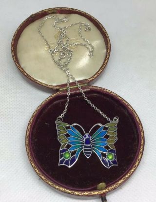 Vintage Sterling Silver Enamel Butterfly Pendant Necklace