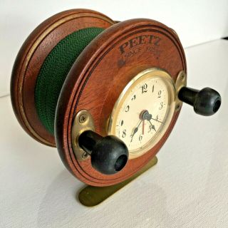 Vtg Peetz Fly Reel Sound Talking Fisherman Wooden/brass Alarm Clock