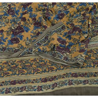 Sanskriti Vintage Cream Saree Pure Crepe Silk Floral Printed Sari Craft Fabric