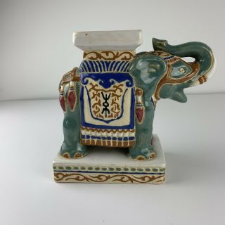 Vtg Blue Asian Porcelain Elephant Figurine Plant Stand Candle Holder Garden Deco