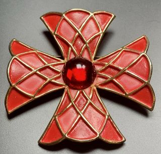 Signed Wiess Vintage Large Brooch Pin Maltese Cross Red Glass Cabochon Enameled