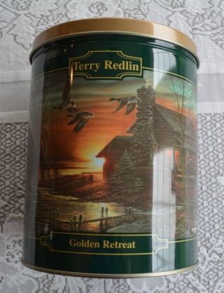 Vintage 1997 Olive Can Co.  Green Golden Retreat Terry Redlin Popcorn Cookie Tin