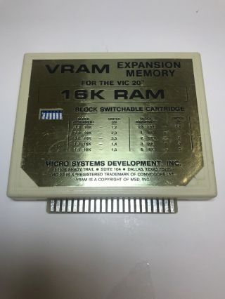 Vram Expansion Memory For The Vic - 20 Commodore 16k Ram - Block Switch Cartridge