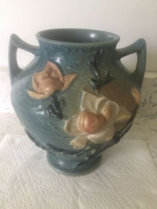 Vintage Roseville Pottery Blue Magnolia Handled Vase