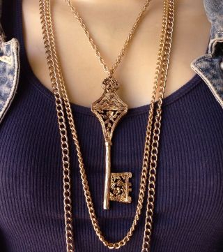 Skeleton Key Vintage Necklace Huge Pendant Long Layered Chains