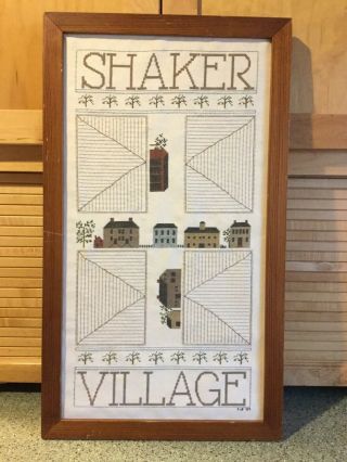 Vintage Shaker Village Large Cross Stitch,  Framed,  Cedar Hill,  26”