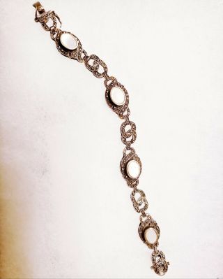Vtg 925 Sterling Silver Mother Of Pearl & Marcasite Ornate Link Bracelet Jewelry