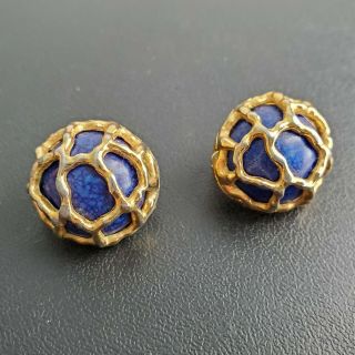 Signed Crown Trifari Vintage Blue Lapis Glass Gold Tone Cage Clip Earrings Q19
