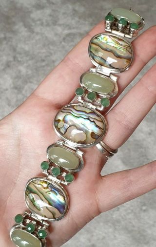 Vintage Jewellery Semi Precious Abalone Shell Jade 925 Silver Panel Bracelet