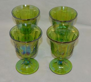4 Vintage Indiana Green Carnival Glass Harvest & Grape Goblets