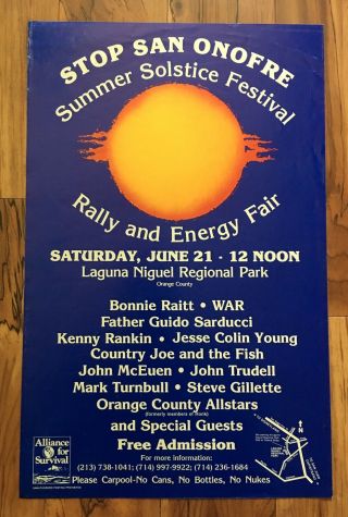 Vintage Stop San Onofre Summer Solstice Festival Bonnie Raitt WAR Poster NoNUKES 2