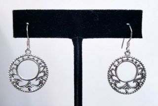 Vtg 925 Sterling Silver Bali Style Ornate Filigree Hoop Dangle Earrings