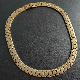 Signed Crown Trifari Vintage Gold Tone Mesh Hexagon Chain Necklace Q99