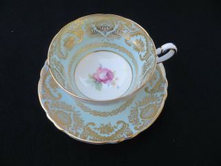 Vintage Paragon Teacup & Saucer Baby Blue Gilt Gold Cabbage Rose -