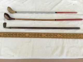 3 Vintage Children’s Golf Clubs 2 All Wood Drivers 1 Metal Tipped Iron