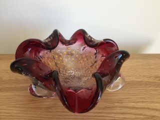 Vintage Murano Red Avem Bowl With Gold Foil Inclusions And Folded Lip