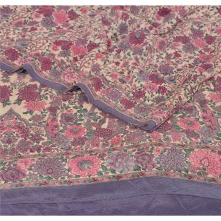 Sanskriti Vintage Cream Saree Pure Crepe Silk Printed Sari Craft 5 Yard Fabric 2
