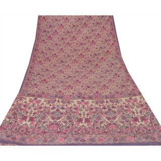 Sanskriti Vintage Cream Saree Pure Crepe Silk Printed Sari Craft 5 Yard Fabric 3