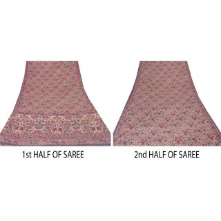 Sanskriti Vintage Cream Saree Pure Crepe Silk Printed Sari Craft 5 Yard Fabric 4