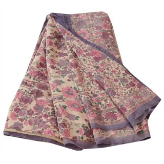 Sanskriti Vintage Cream Saree Pure Crepe Silk Printed Sari Craft 5 Yard Fabric 5