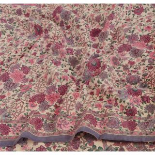 Sanskriti Vintage Cream Saree Pure Crepe Silk Printed Sari Craft 5 Yard Fabric 6