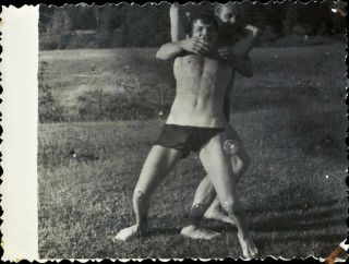 shirtless young man,  wrestling outdoors,  swimming trunks,  vtg 4 photo 2