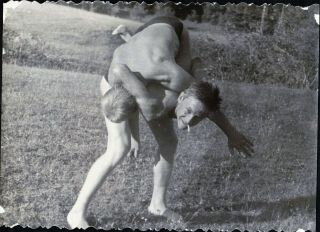 shirtless young man,  wrestling outdoors,  swimming trunks,  vtg 4 photo 3