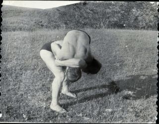 shirtless young man,  wrestling outdoors,  swimming trunks,  vtg 4 photo 4